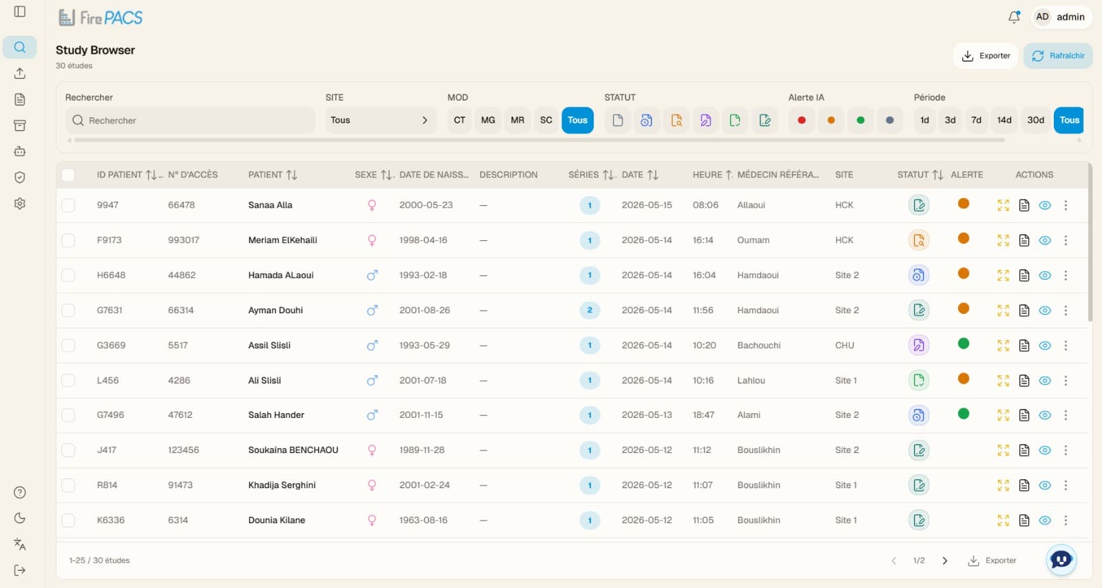 Explorateur d'études · filtres multi-sites & alertes IA